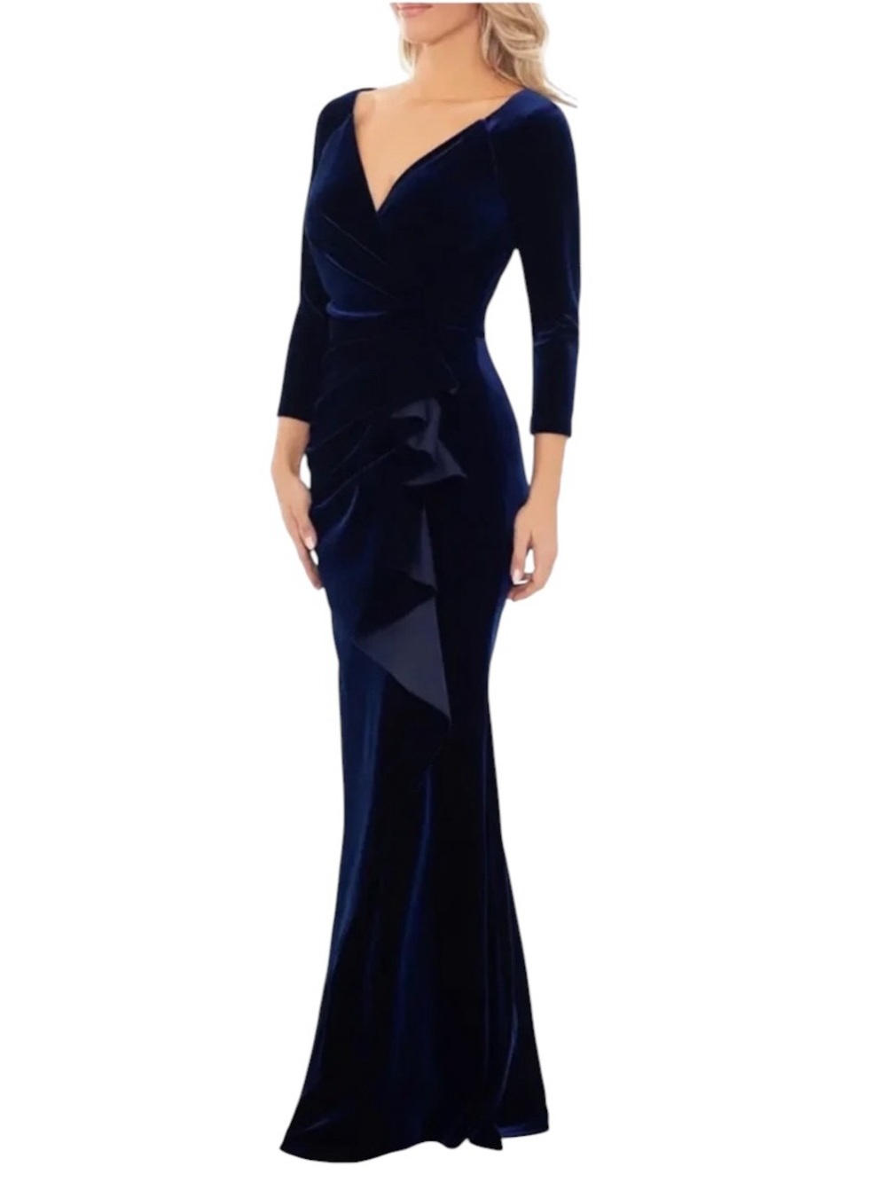 Xscape Women's Ruffled 3/4 Sleeve Velvet Gown Navy Blue Size 12